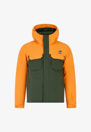 Bicolore jas met een oranje bovenhelft en een groene onderhelft. Inclusief capuchon, twee voorzakken en een ritssluiting.