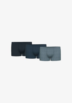 Men's boxer briefs in three varying shades of blue: dark navy, medium blue with a pattern, and light grey. Soft fabric, elastic waistband.