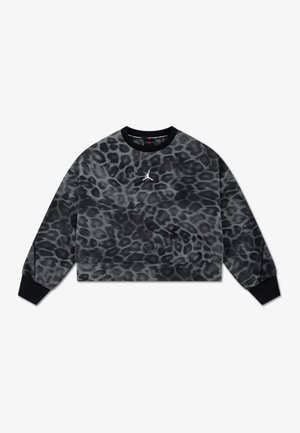 Grå og svart leopardmønstret langermet genser med svarte mansjetter og rund hals, med en liten hvit Jumpman-logo på brystet.