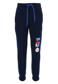 Marineblauwe sweatpants met een verstelbare tailleband en elastische boorden. Bevat Spider-Man patches en contrasterende blauwe accenten. Zachte stoftextuur.
