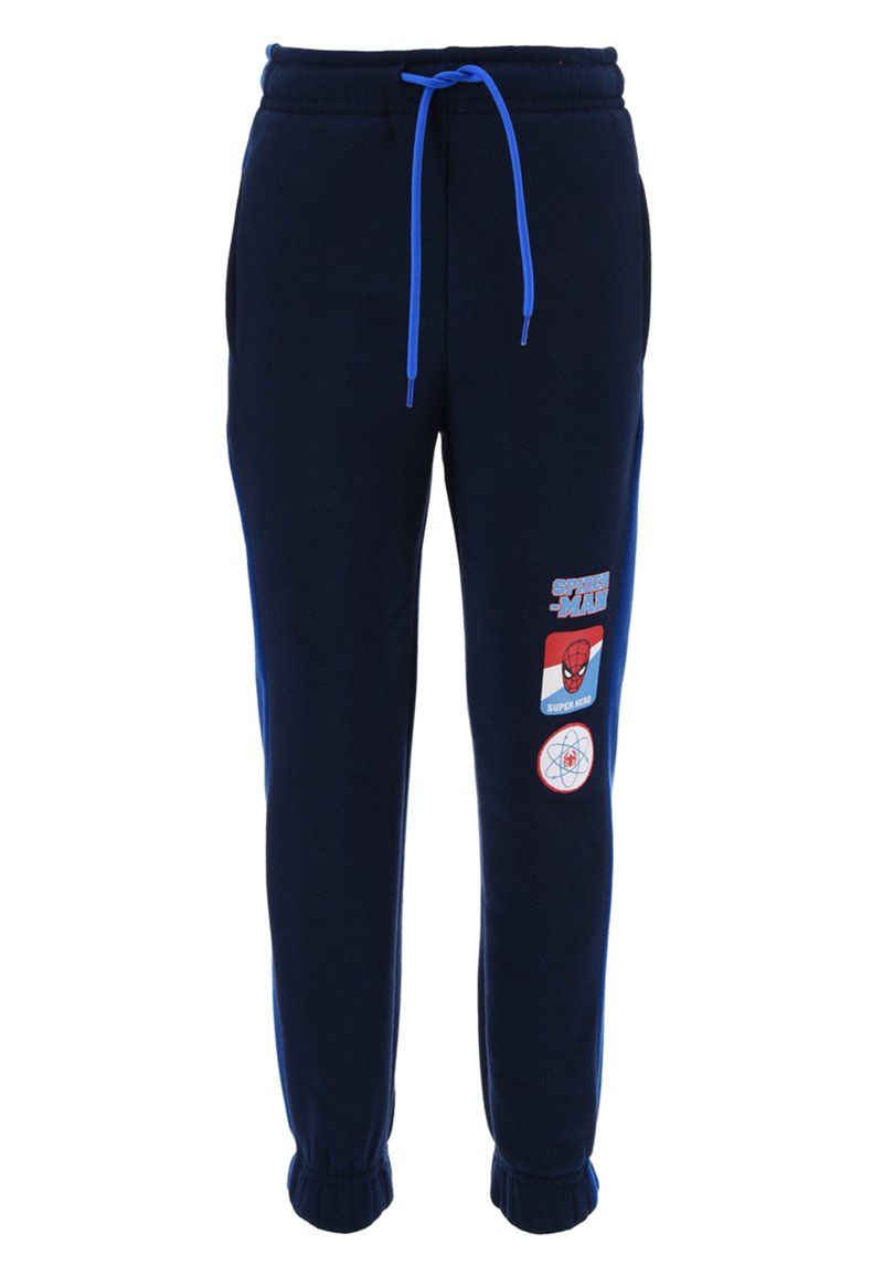 Marineblauwe sweatpants met een verstelbare tailleband en elastische boorden. Bevat Spider-Man patches en contrasterende blauwe accenten. Zachte stoftextuur.