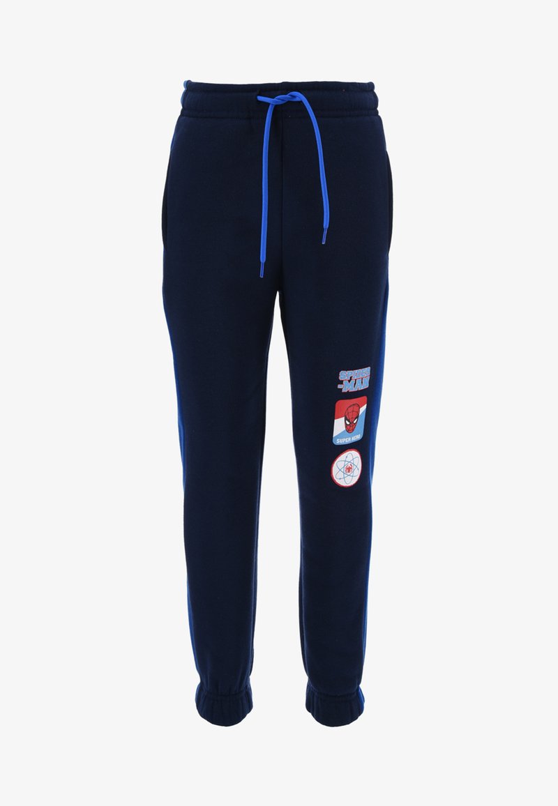 Marineblauwe sweatpants met een verstelbare tailleband en elastische boorden. Bevat Spider-Man patches en contrasterende blauwe accenten. Zachte stoftextuur.