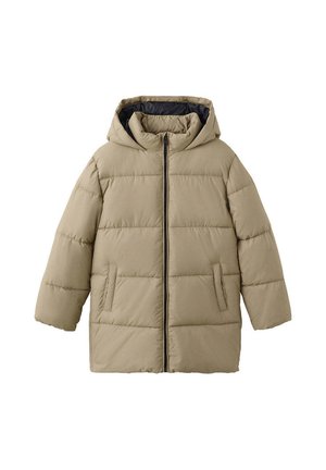 Chaqueta acolchada con capucha de color marrón claro, con cremallera frontal y dos bolsillos laterales, diseñada para clima frío.