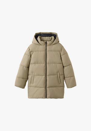 Light brown hooded puffer jacket with front zipper and two side pockets, designed for cold weather.