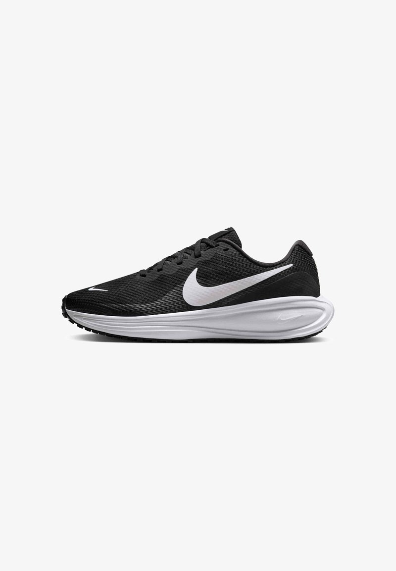 Zapatillas deportivas negras con una parte superior de malla, logo Swoosh blanco y media suela blanca acolchada. La suela presenta un agarre texturizado para mayor tracción.