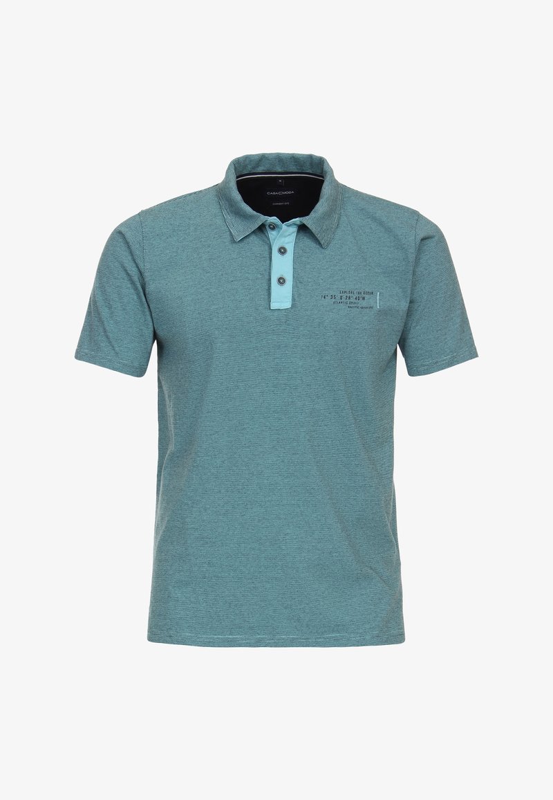 Polohemd in Türkis mit strukturiertem Muster, zwei-Knopf-Verschluss und kontrastierendem hellblauen Kragen. Mit vorderem Logografikdetail.