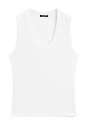 Witte mouwloze tanktop met een ronde hals, gemaakt van ribbelstof; eenvoudig ontwerp zonder patronen of versieringen.