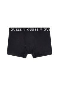 Fekete boxer alsónadrág, puha anyagból, testhezálló fazonnal. A derékpánton fehér színű "GUESS" logó és háromszögletű díszítés található.