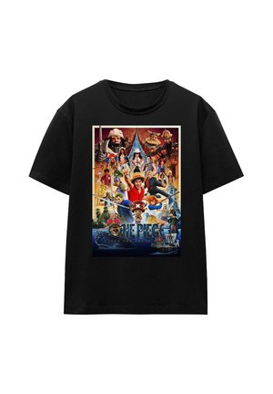 Black t-shirt featuring colorful One Piece movie poster with main characters in dynamic poses and pirate ship at the bottom.