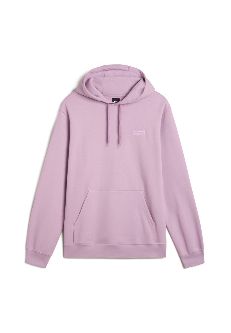 Sudadera de color púrpura claro hecha de una mezcla de algodón, con un bolsillo frontal, capucha ajustable y un sutil detalle de logo bordado en el pecho.