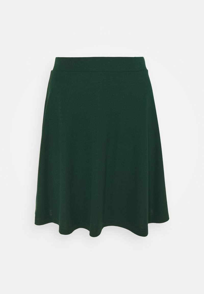 Jupe trapèze vert foncé avec une taille cintrée et un léger évasement, présentée sur un fond blanc.