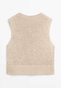 Beige gestrickte ärmellose Pulloverweste mit rundem Ausschnitt und geripptem Saum, flach auf einer weißen Oberfläche liegend.