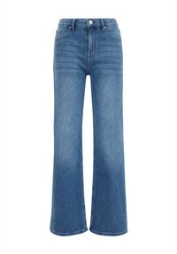 Höga blå denimjeans med utsvängda ben, framknäppning och fickor, visade mot en vit bakgrund.