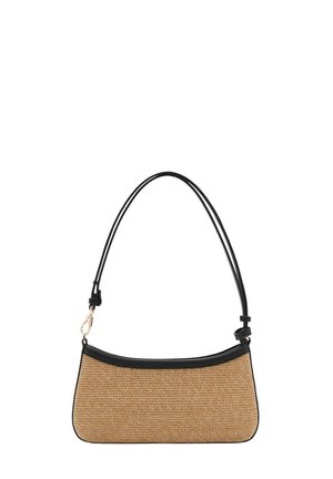 Sac à main rectangulaire en paille tissée avec bordure en cuir noir et une fine bandoulière noire, avec un fermoir doré sur un côté.