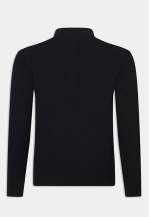 Polo shirt nero a maniche lunghe con colletto, realizzato in tessuto liscio. Presenta un orlo dritto e polsini aderenti, senza ulteriori motivi o dettagli.