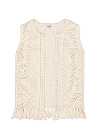 Chaleco de punto en color crema, con un frente abierto, patrones geométricos y dobladillo con flecos. Fabricado con hilo ligero y texturizado.