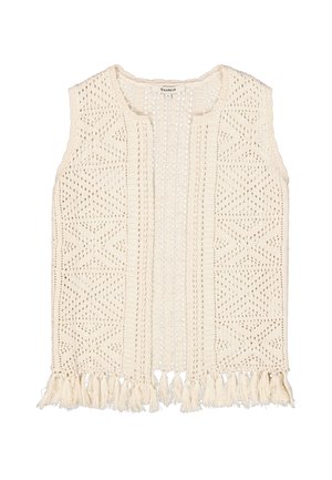 Gilet en tricot couleur crème, avec un devant ouvert, des motifs géométriques et un ourlet à franges. Fabriqué en fil léger et texturé.
