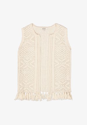 Chaleco de punto en color crema, con un frente abierto, patrones geométricos y dobladillo con flecos. Fabricado con hilo ligero y texturizado.