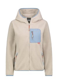 Beige fleecejack met een blauwe capuchon en accenten op de zakken. Voorzien van een ritssluiting aan de voorkant en zijzakken, met een gestructureerde stof.