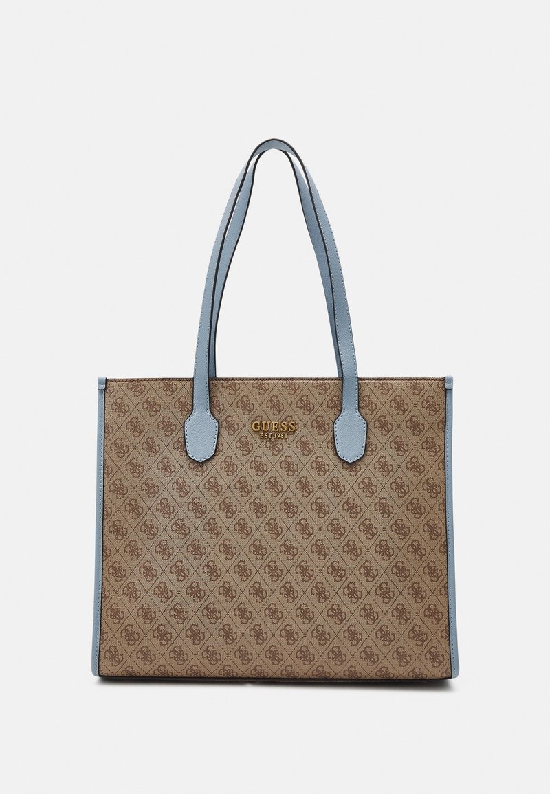 Brown pattern tote bag with light blue straps, gold logo detail, smooth texture, and rectangular shape, suitable for daily use.