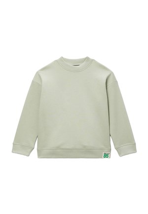 Sweat-shirt vert clair à col ras du cou avec poignets et ourlet côtelés, comportant une petite étiquette "SPORT CLUB 85" près de l'ourlet inférieur.