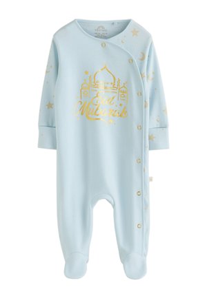 Body de bebé azul claro con texto dorado "Eid Mubarak", gráfico de mezquita y patrones de estrellas y luna, con botones a presión en la parte delantera.