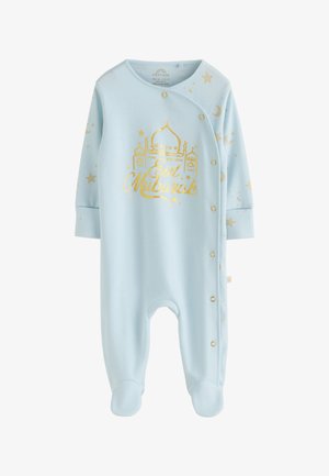 Body de bebé azul claro con texto dorado "Eid Mubarak", gráfico de mezquita y patrones de estrellas y luna, con botones a presión en la parte delantera.