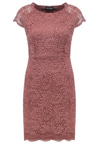 Kanten jurk in stofroze met korte mouwen, bloemenpatronen, een getailleerd silhouet en een golvende zoom. Heeft een ronde halslijn.
