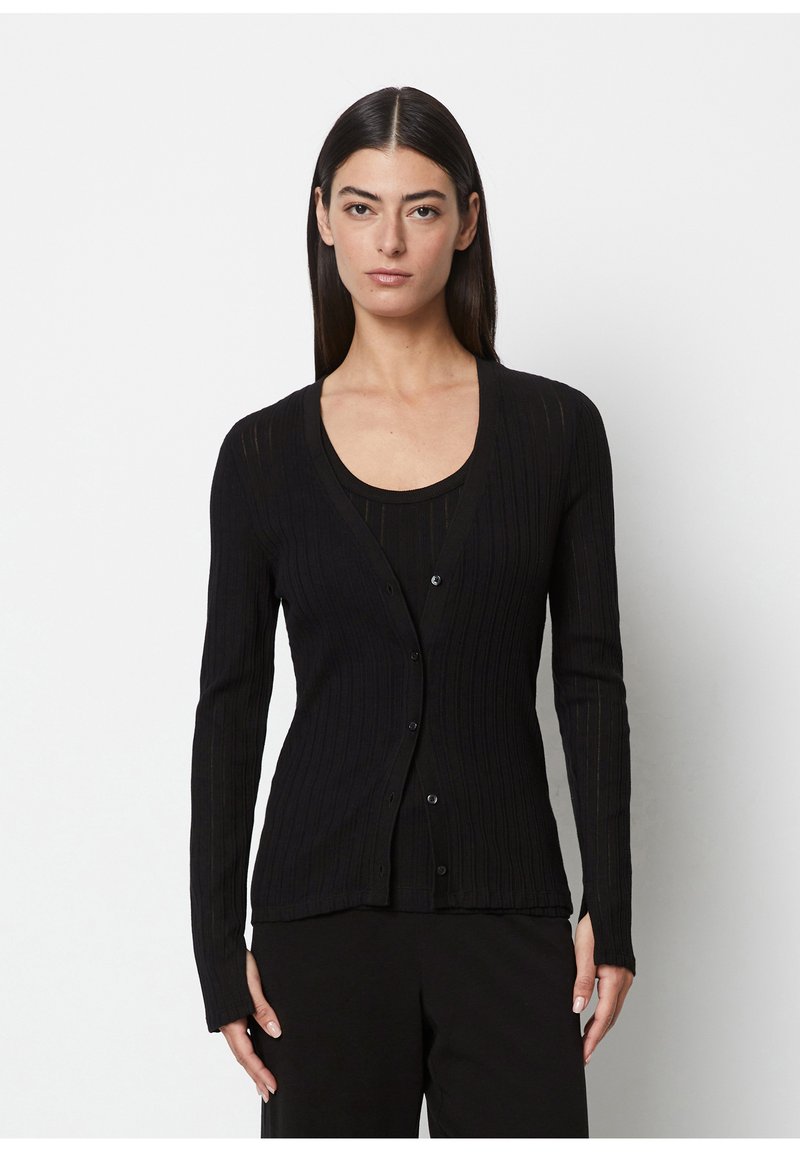 Black ribbed cardigan featuring a V-neck, long sleeves, and button closure, with a fitted design and smooth texture.