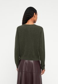 Žena s dlhými kučeravými vlasmi, oblečená v tmavozelenom svetri a tmavofialovej kožennej sukni, zobrazená zozadu na jednoliatom pozadí.