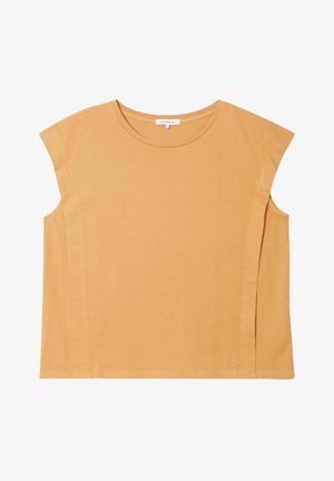 Kurzarm Top in Senfgelb aus weicher Baumwolle. Mit rundem Ausschnitt und seitlichen Schlitzen für eine entspannte Passform. Glatte Textur.