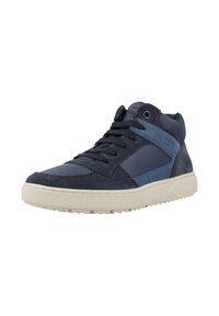 Sneakers alta navy che presentano una combinazione di camoscio e pelle liscia, con una suola in gomma crema testurizzata e dettagli blu a contrasto.