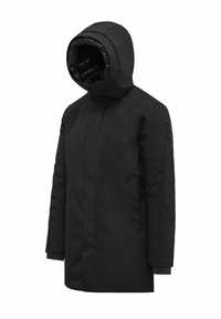 Cappotto isolato nero con cappuccio zip, design minimale, chiusura anteriore a scatto, tasche laterali e polsini elastici per calore e comfort.