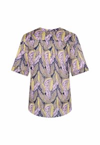 Blouse à manches courtes avec motif de feuilles superposées en rose pastel, jaune, beige et bleu foncé sur un fond clair.