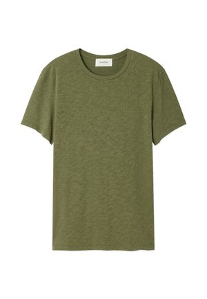 Olivengrøn kortærmet T-shirt lavet af blødt stof, med en let tekstureret overflade og en klassisk rund halsudskæring.