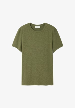 Olivengrøn kortærmet T-shirt lavet af blødt stof, med en let tekstureret overflade og en klassisk rund halsudskæring.