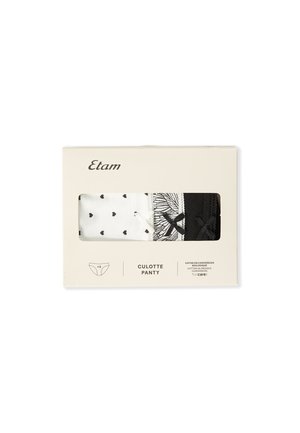 Pack de tres braguitas culotte para mujer en color blanco con corazones negros, con un patrón floral en blanco y negro, y en color negro sólido, presentadas en un embalaje crema.