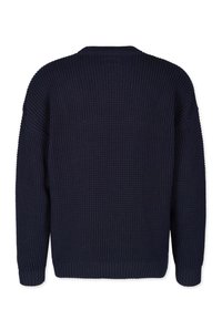 Navy blue knitted sweater with a textured pattern, round neckline, and ribbed cuffs. The design features a relaxed fit and drop shoulders.