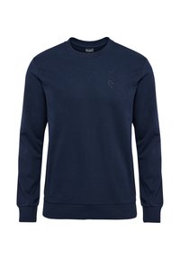 Granatowa bluza z ribbowanej tkaniny, z okrągłym dekoltem i długimi rękawami, z subtelnym logo w kształcie chevronu na piersi.