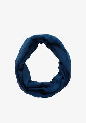 Eșarfă infinită de culoare albastru închis, realizată dintr-un material ușor, aranjată într-un cerc pe un fundal alb.