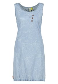 Jasnoniebieska bezrękawnikowa sukienka z roślinnym wzorem, z trzema brązowymi guzikami z przodu i elastycznym wykończeniem dla dopasowanego wyglądu.