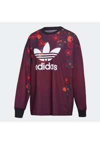 Sweatshirt Adidas a maniche lunghe color maroon con grande logo bianco e stampa floreale in rosso e blu scuro su spalle e maniche.