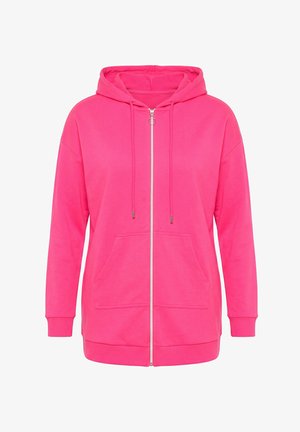 Lyserød hættetrøje med lynlås, forlommer, justerbare snore, ribstrikkede manchetter og hætte, vist på en ensfarvet hvid baggrund.