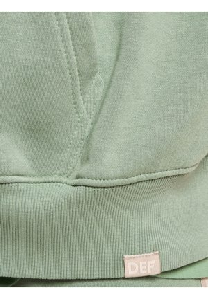 Light green sweatshirt featuring a ribbed hem and a small brand patch labeled "DEF." Smooth fabric texture with reinforced seams.