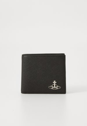 Black bi-fold wallet made of textured synthetic material, featuring a silver logo accent on the front. Compact rectangular shape.