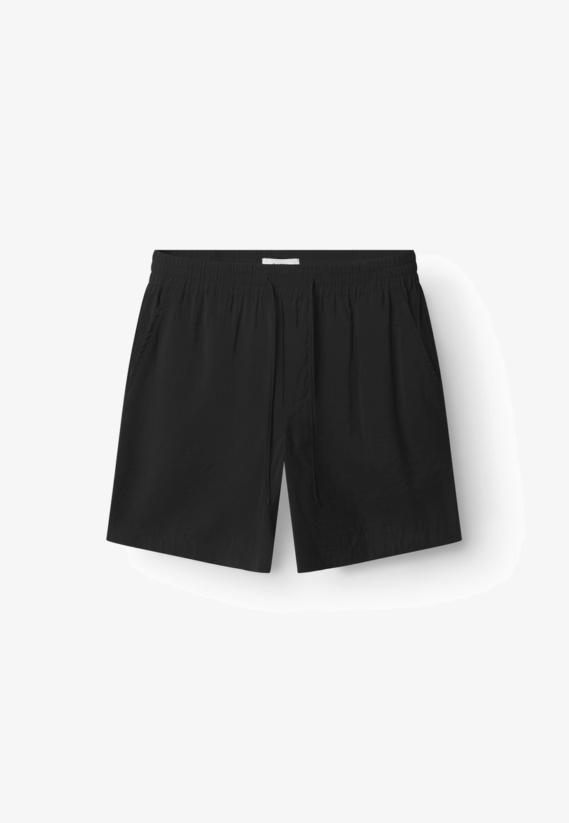 Black swim shorts with an elastic waistband, drawstring, and side pockets. Smooth fabric with a regular cut and no visible patterns.