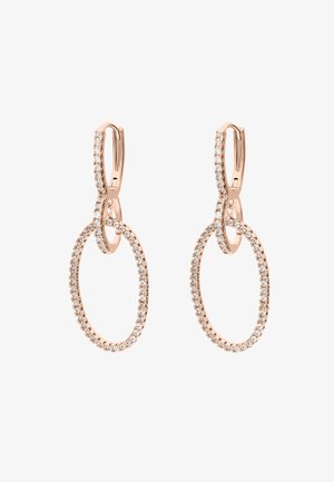 Różowe złote kolczyki w kształcie obręczy z dwoma splatającymi się owalami, zdobione małymi, przezroczystymi kryształami wzdłuż krawędzi, podkreślając ich elegancję.