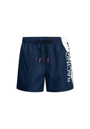 Granatowe kąpielówki z elastycznym paskiem, akcentem sznurków i białym napisem "RACING" z boku; wykonane z lekkiego materiału.