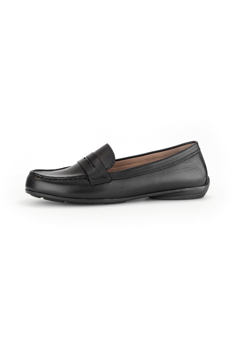 Zwarte leren loafers met een ronde neus, gestikte details en een band over de voorkant. Gladde textuur, lichtgewicht ontwerp en rubberen zool.