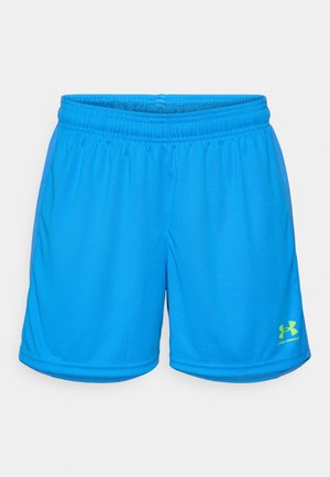 Sinised spordilühikesed püksid, mis on valmistatud siledast ja kergest kangast, elastse vöökoha ja erekollase logoga, mis asub alumises paremas nurgas.